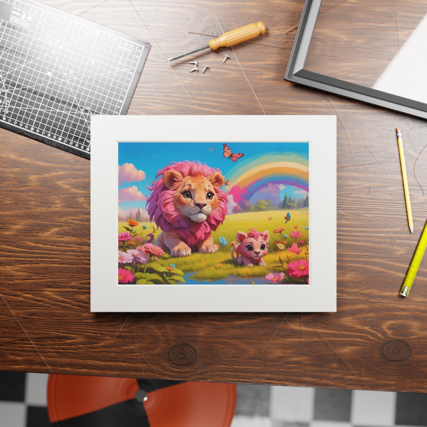 Pink Lion on a butterfly meadow, Passepartout Paper Frame