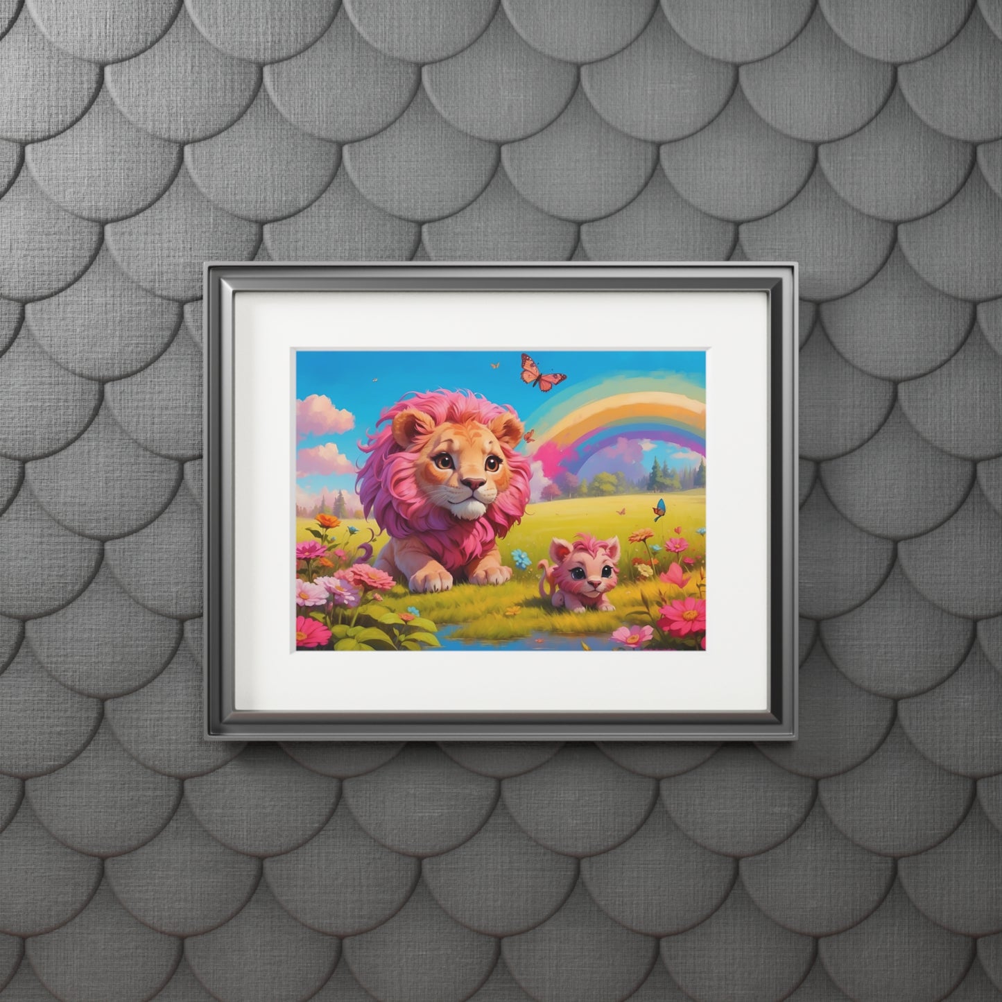 Pink Lion on a butterfly meadow, Passepartout Paper Frame