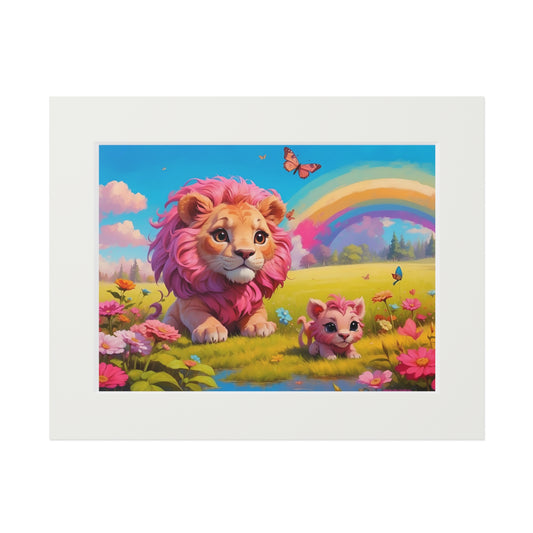 Pink Lion on a butterfly meadow, Passepartout Paper Frame